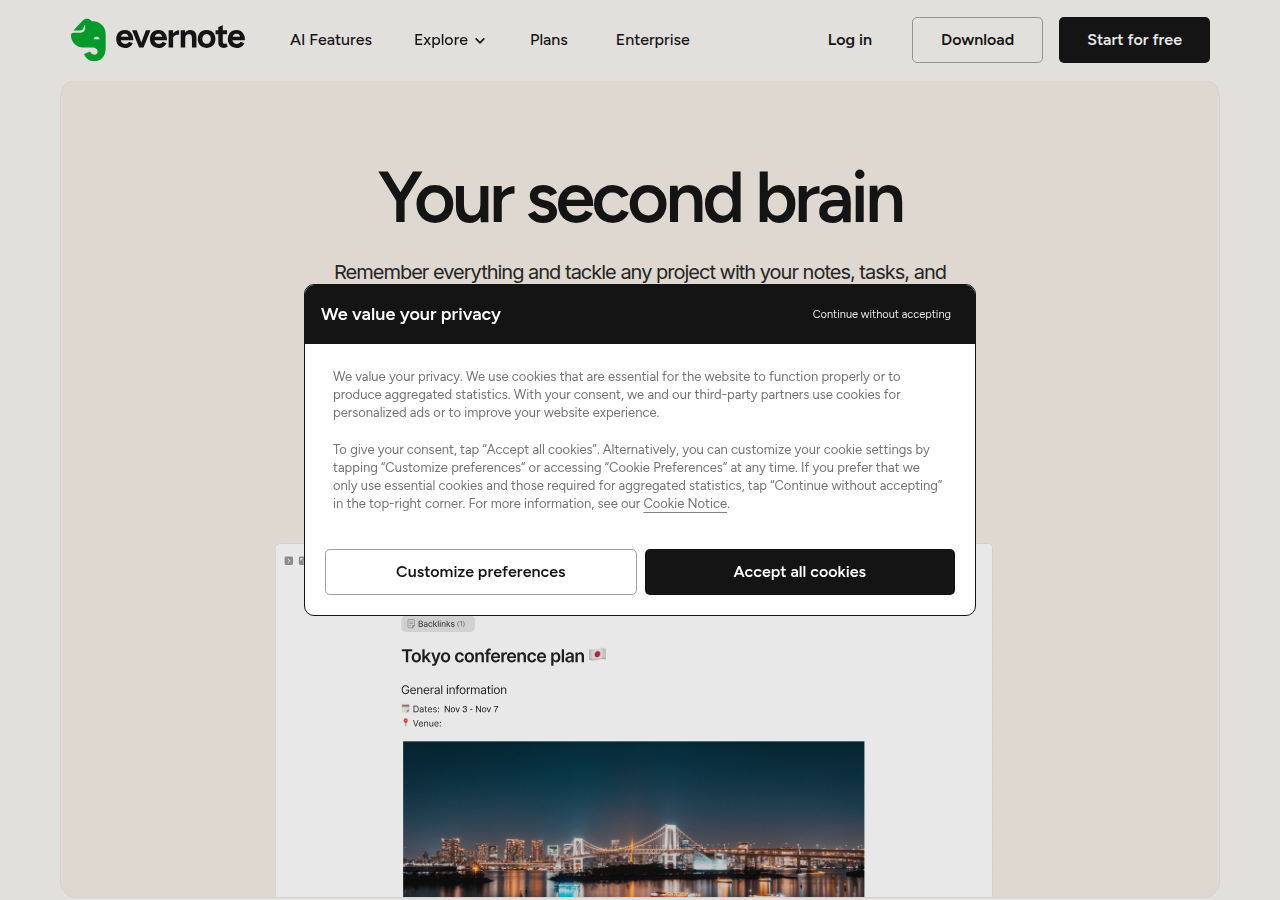 Screenshot of evernote.com