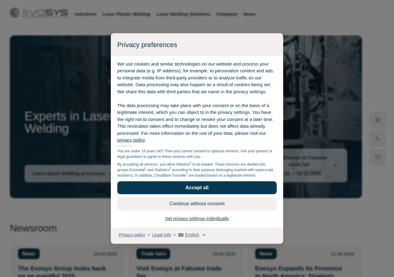 Screenshot of evosys-laser.com