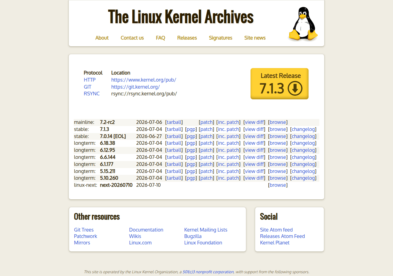 Screenshot of kernel.org