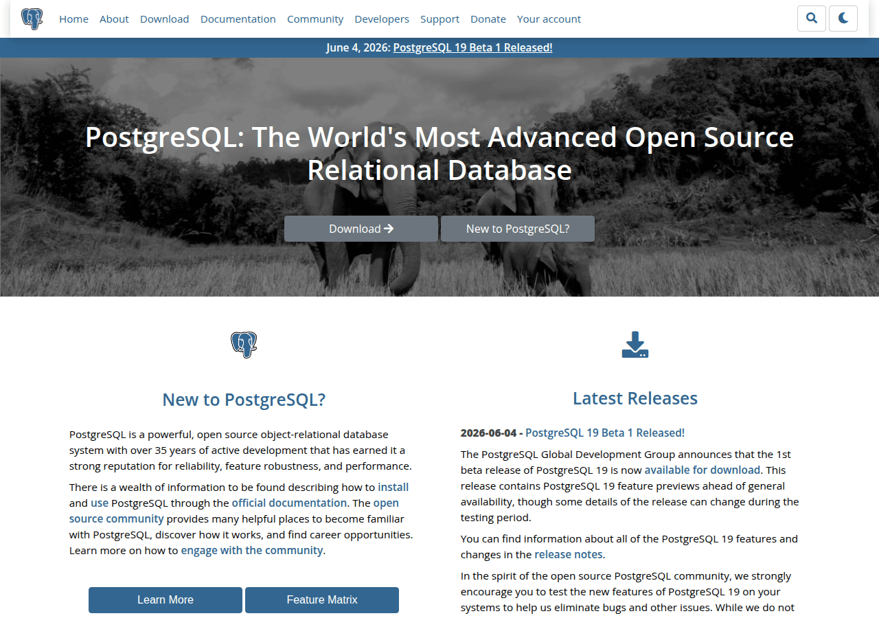 Screenshot of postgresql.org
