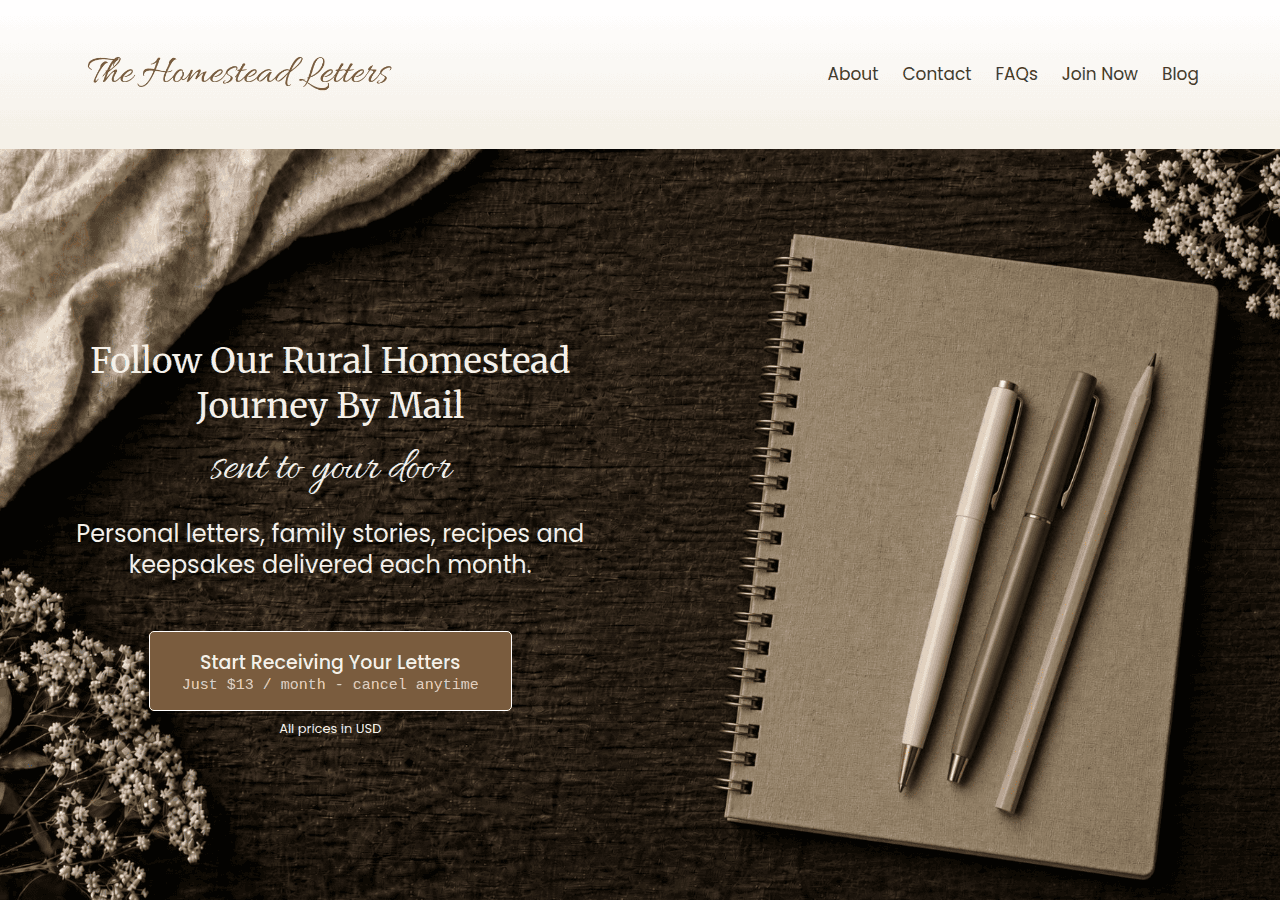Screenshot of thehomesteadletters.com