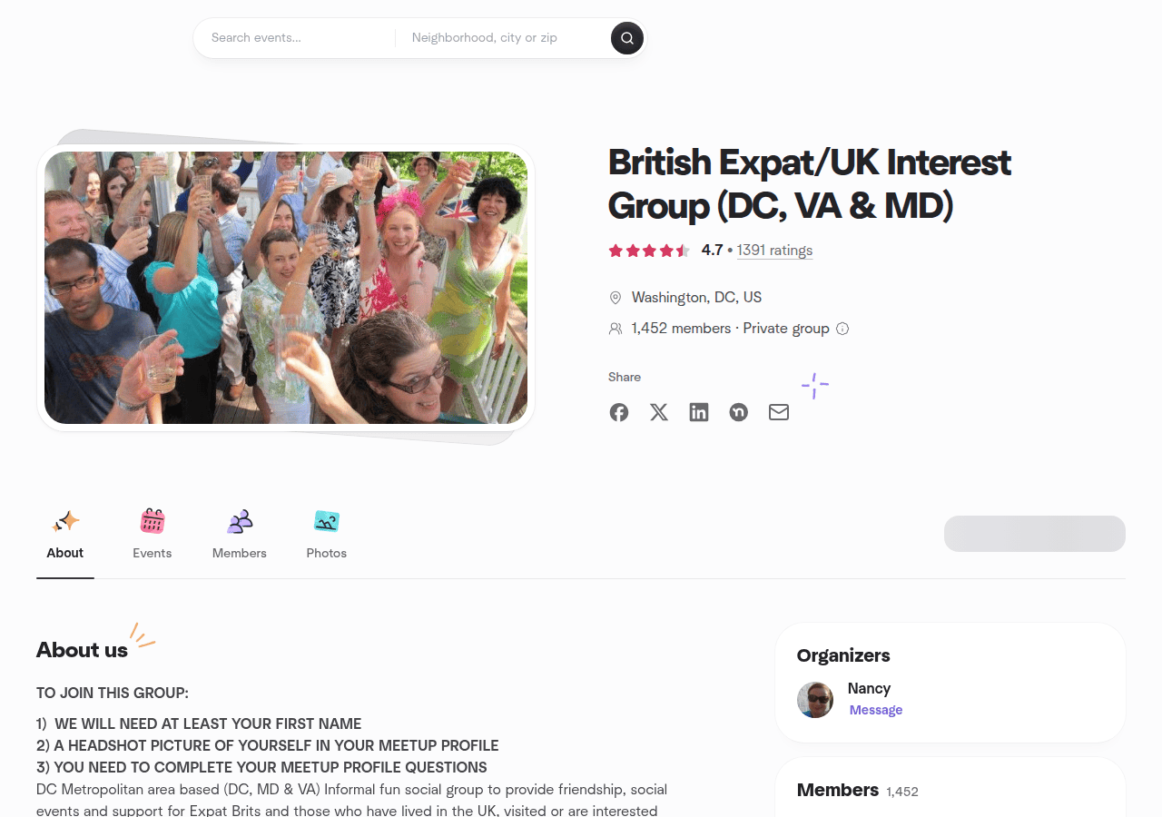 Screenshot of meetup.com