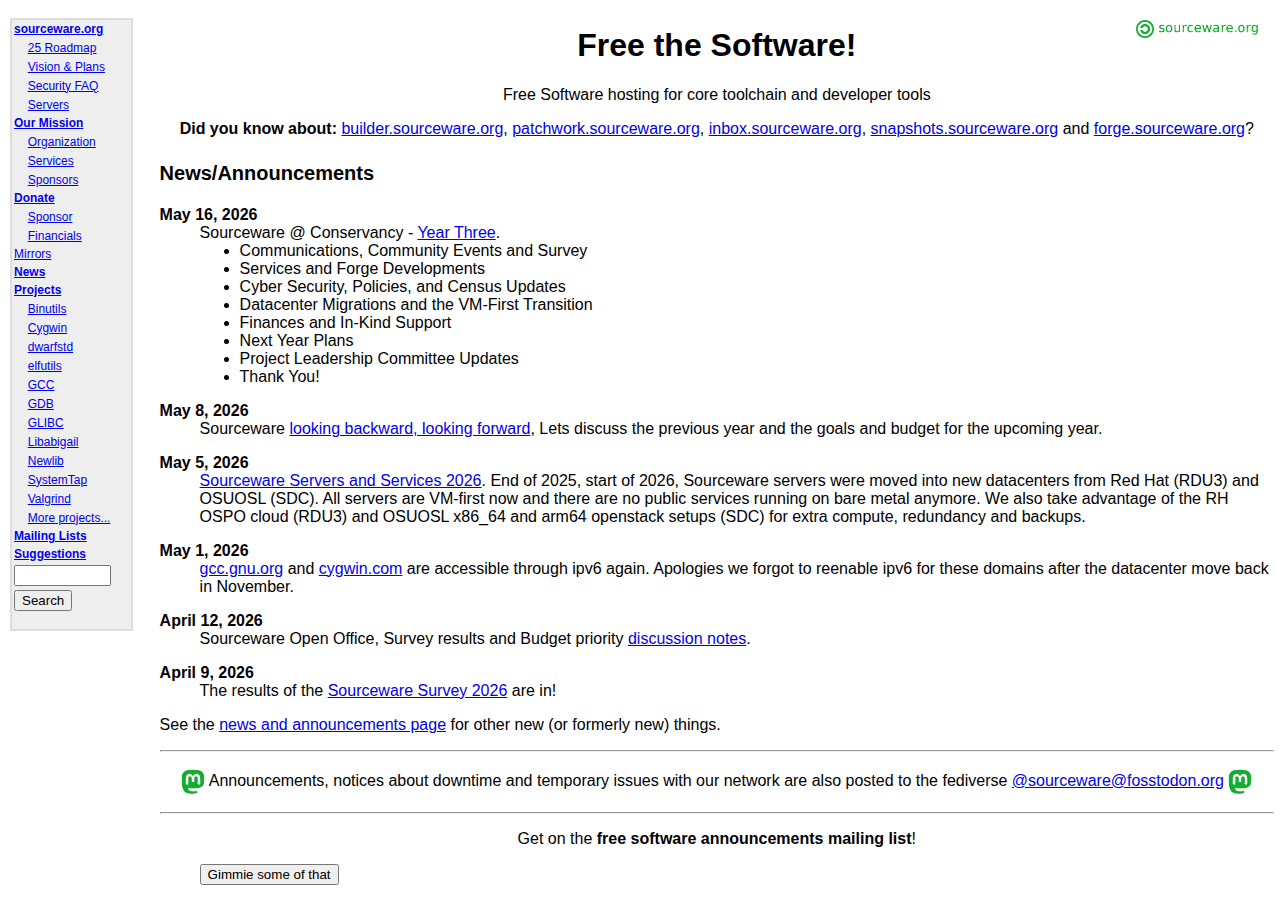 Screenshot of sourceware.org