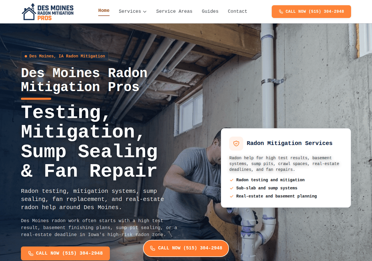 Screenshot of desmoinesradonmitigationpros.com