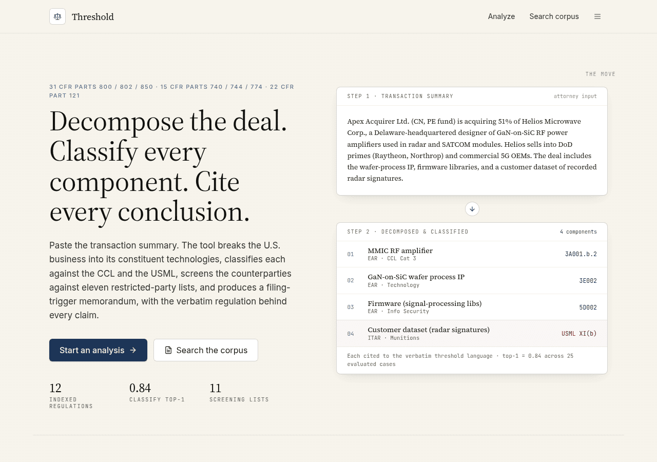 Screenshot of threshold.legal
