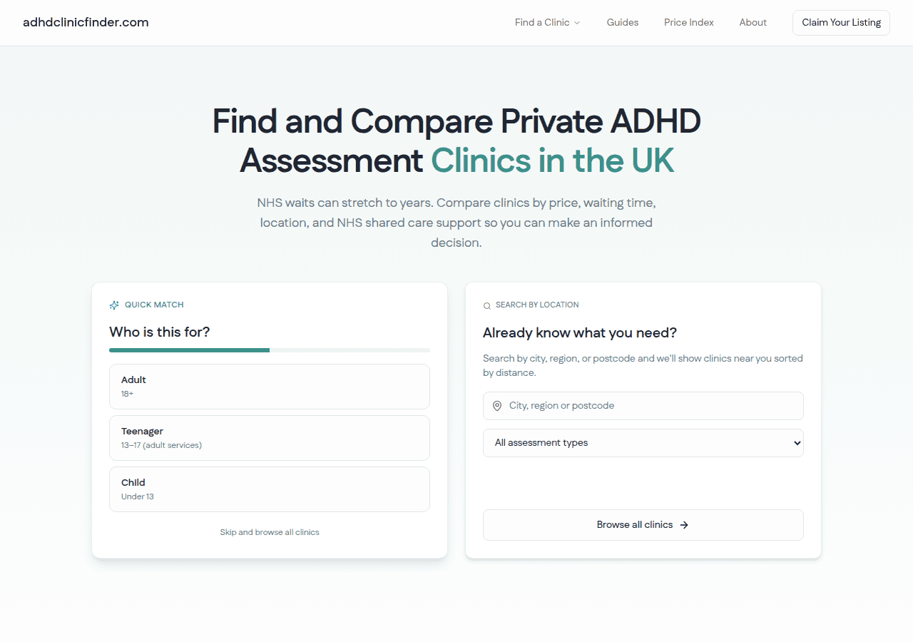 Screenshot of adhdclinicfinder.com