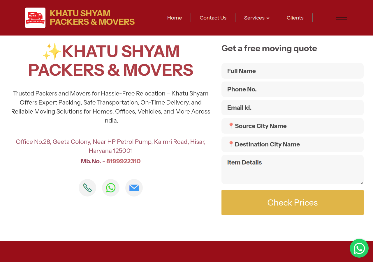 Screenshot of khatushyampackersmovers.com