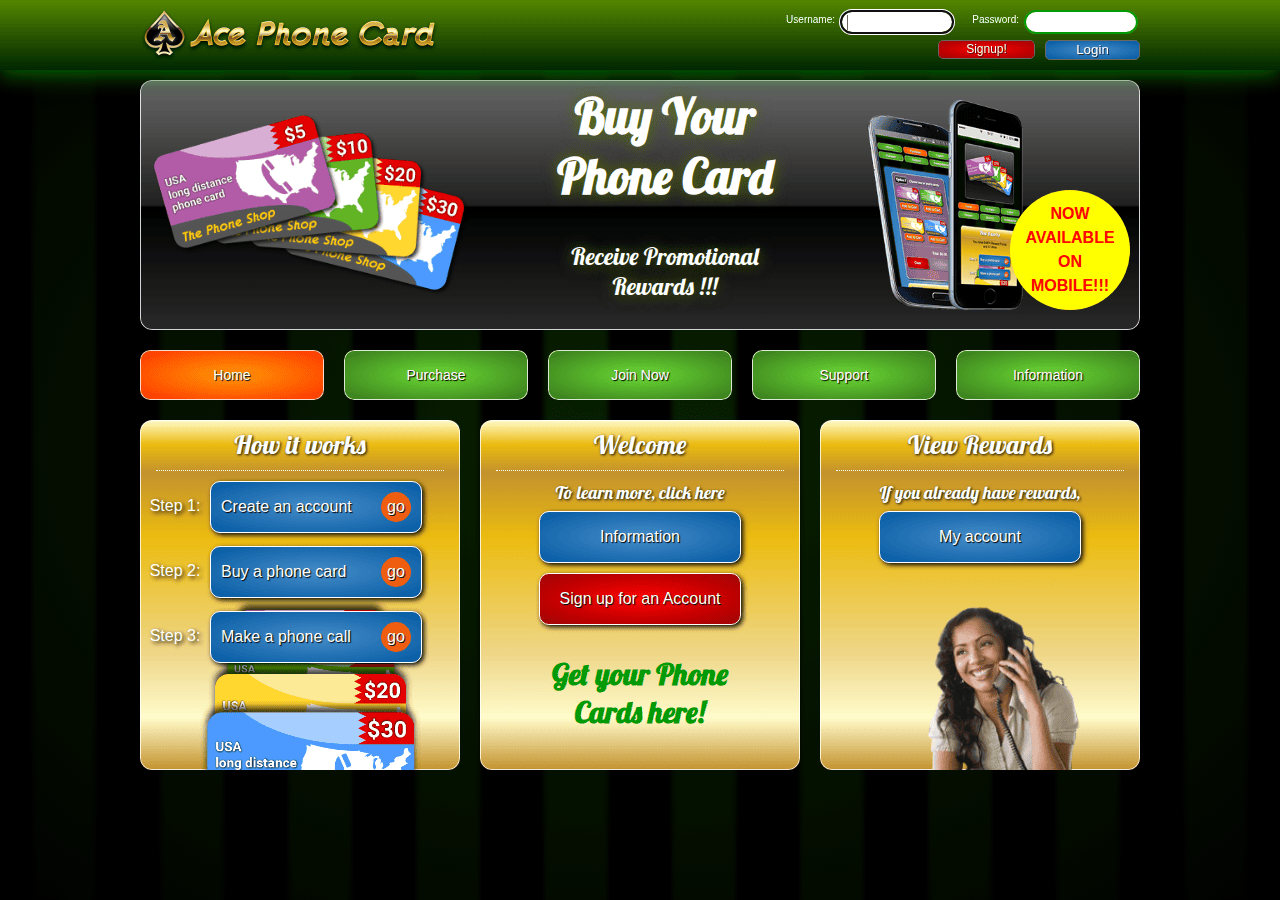 Screenshot of acephonecard.com