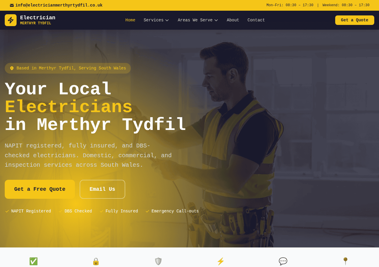 Screenshot of electricianmerthyrtydfil.co.uk