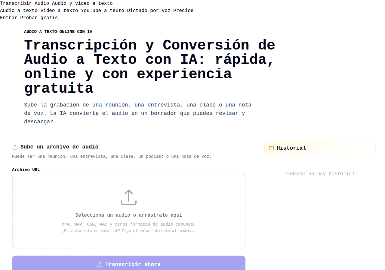 Screenshot of transcribiraudio.net