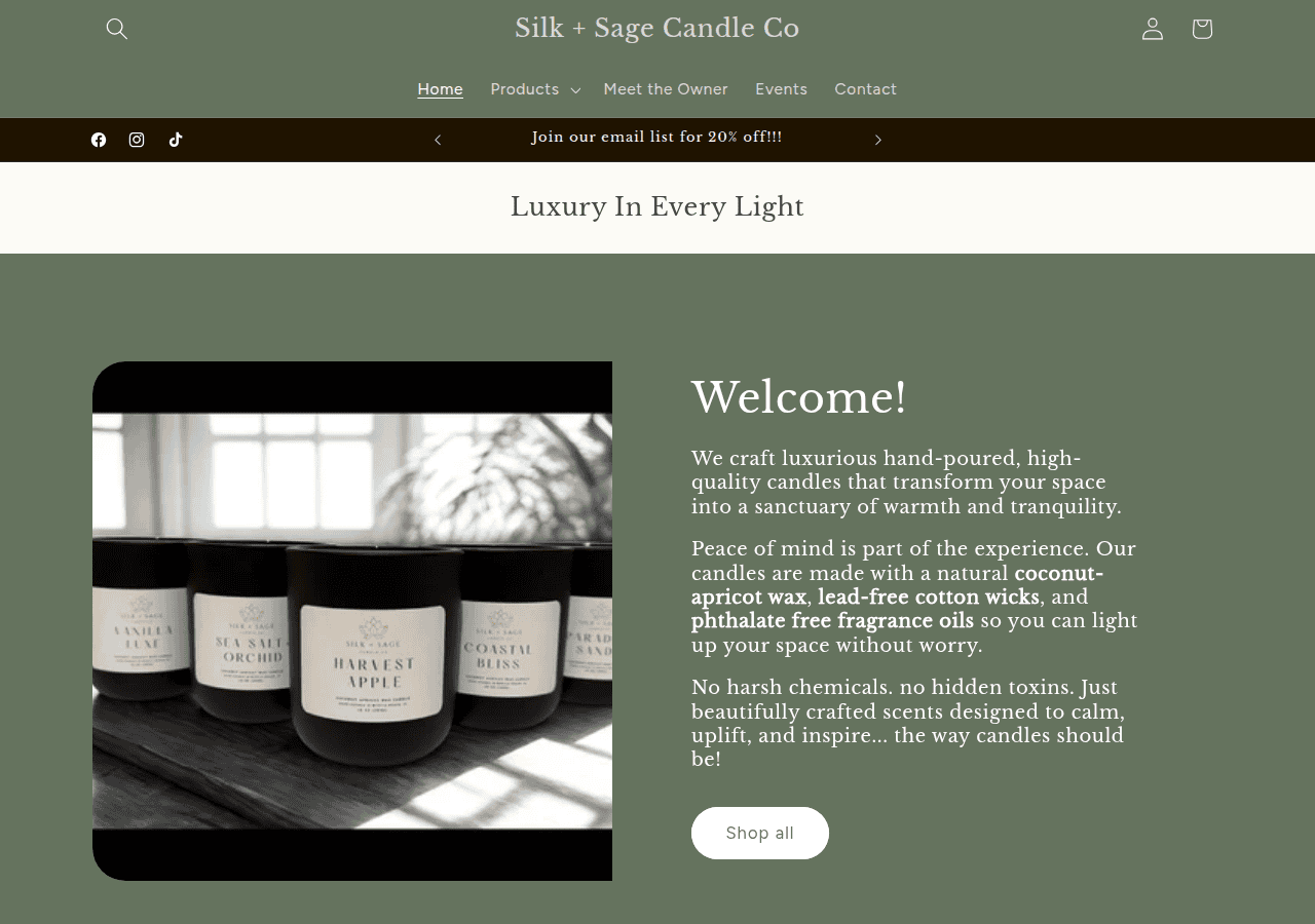 Screenshot of silkandsagecandles.com
