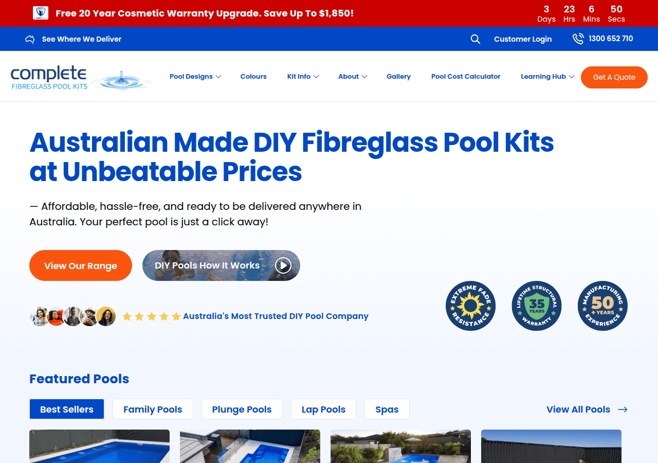 Screenshot of completefibreglasspoolkits.com.au
